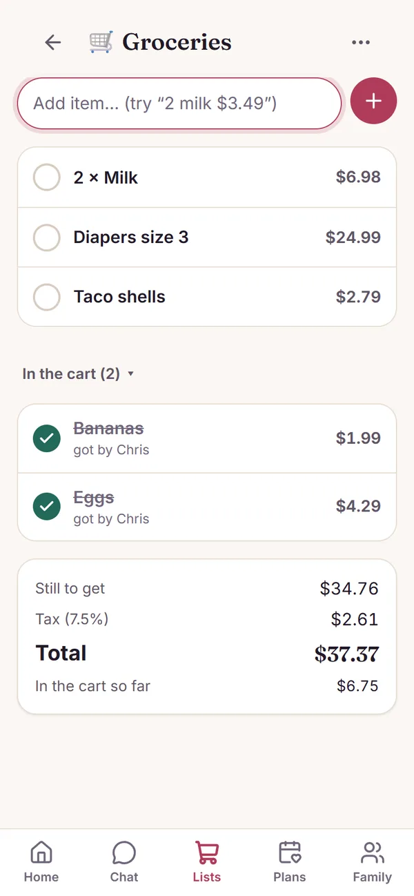A shared grocery list with totals